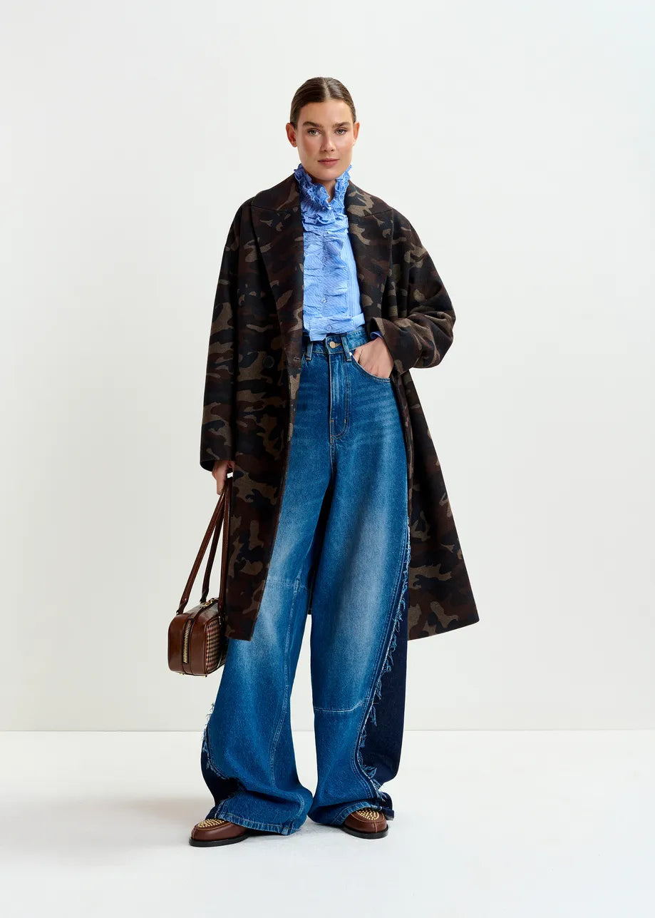 Essentiel Antwerp Khaki, beige and black camouflage print double-breasted wool-blend coat Imperfection