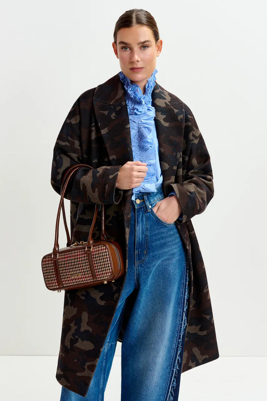 Essentiel Antwerp Khaki, beige and black camouflage print double-breasted wool-blend coat Imperfection