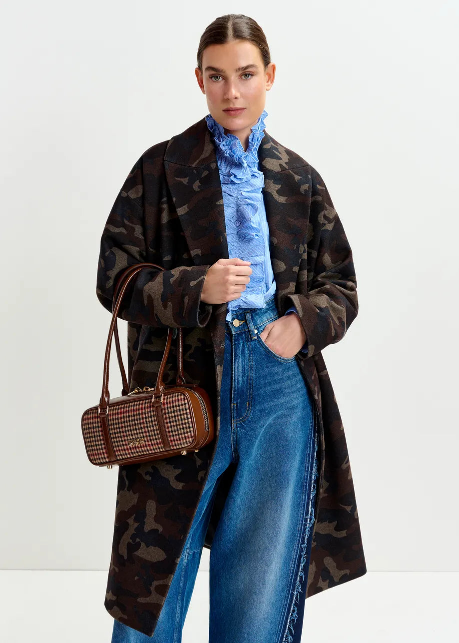 Essentiel Antwerp Khaki, beige and black camouflage print double-breasted wool-blend coat Imperfection