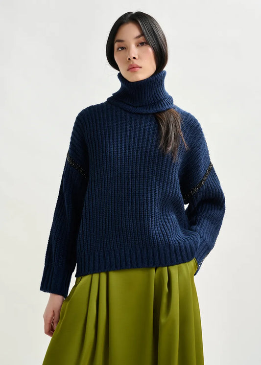 Essentiel Antwerp Navy sweater with detachable collar and rhinestone embellishments Indsay