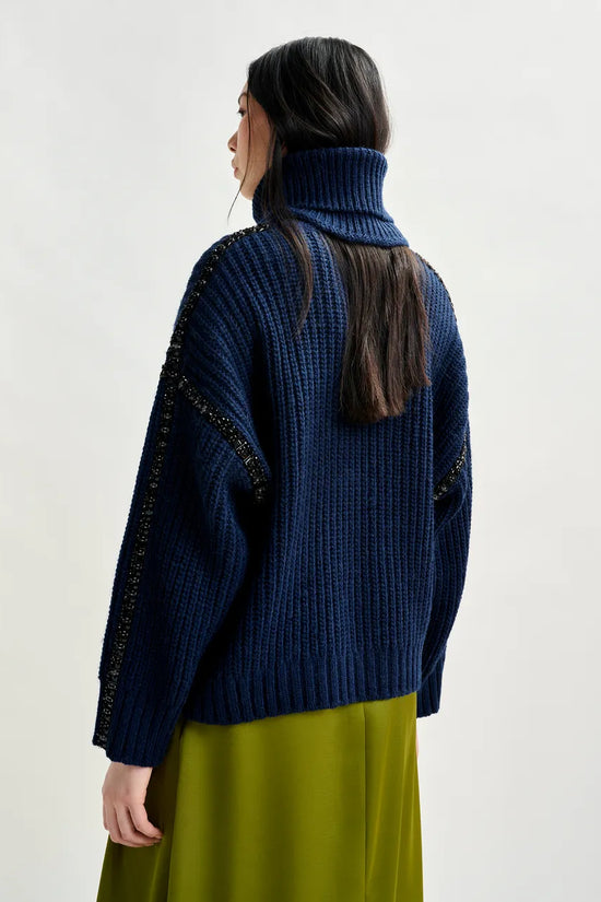 Essentiel Antwerp Navy sweater with detachable collar and rhinestone embellishments Indsay