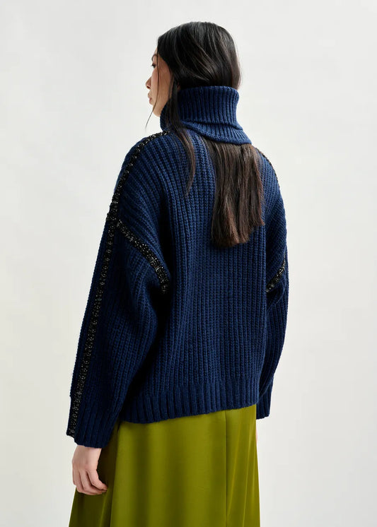 Essentiel Antwerp Navy sweater with detachable collar and rhinestone embellishments Indsay