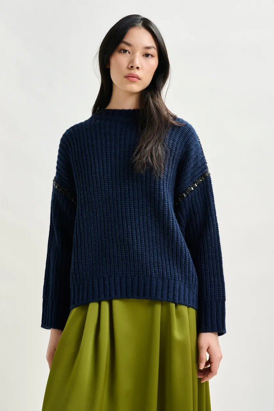 Essentiel Antwerp Navy sweater with detachable collar and rhinestone embellishments Indsay