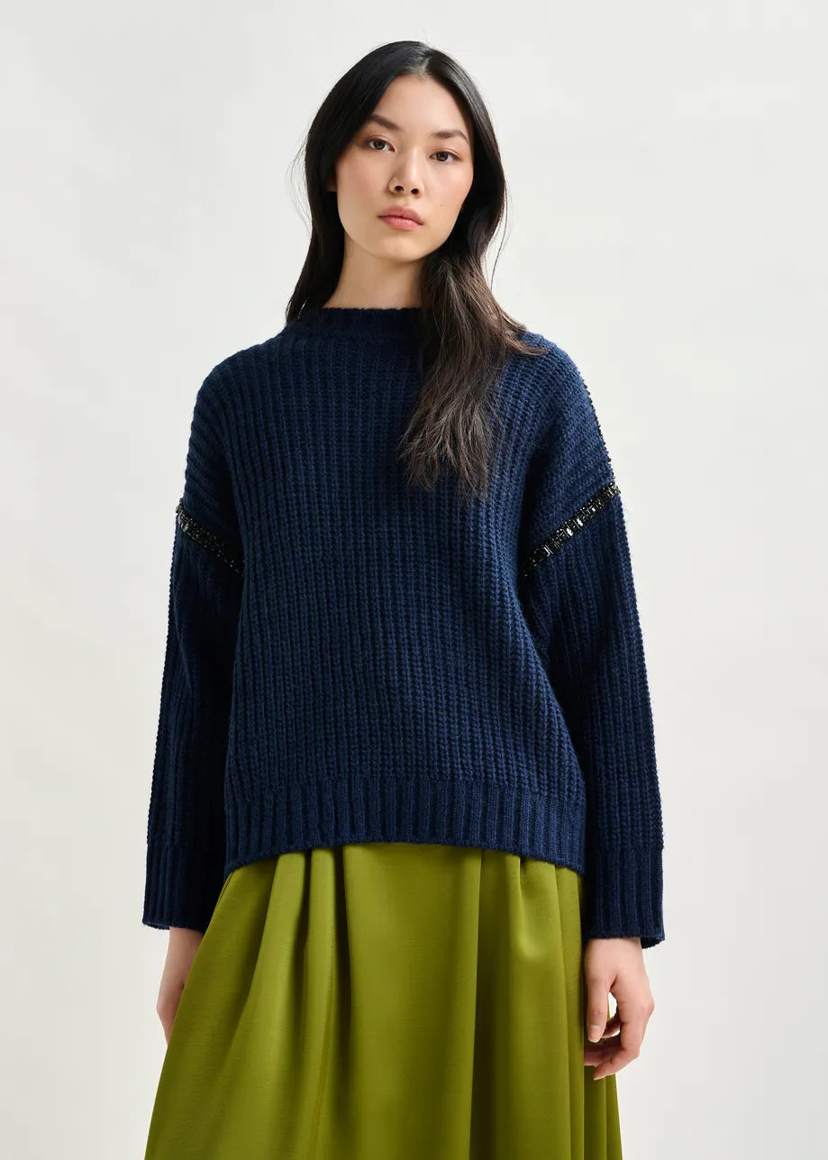 Essentiel Antwerp Navy sweater with detachable collar and rhinestone embellishments Indsay