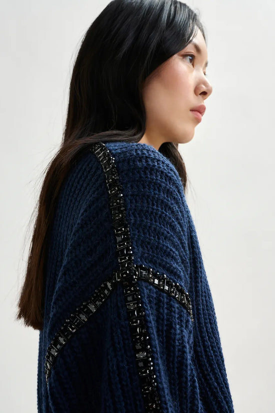 Essentiel Antwerp Navy sweater with detachable collar and rhinestone embellishments Indsay