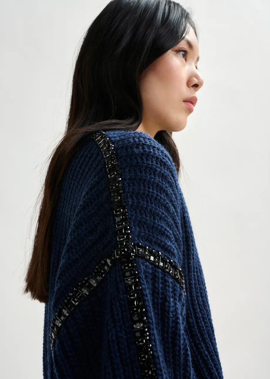 Essentiel Antwerp Navy sweater with detachable collar and rhinestone embellishments Indsay