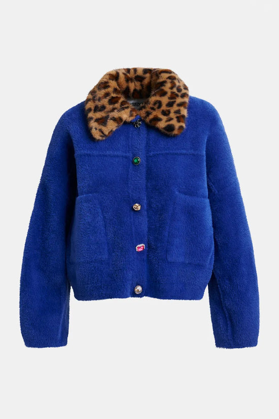 Essentiel Antwerp Blue cardigan with removable leopard faux fur collar