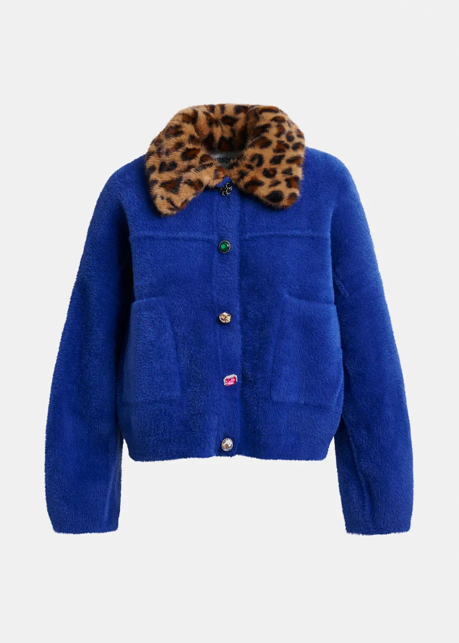 Essentiel Antwerp Blue cardigan with removable leopard faux fur collar