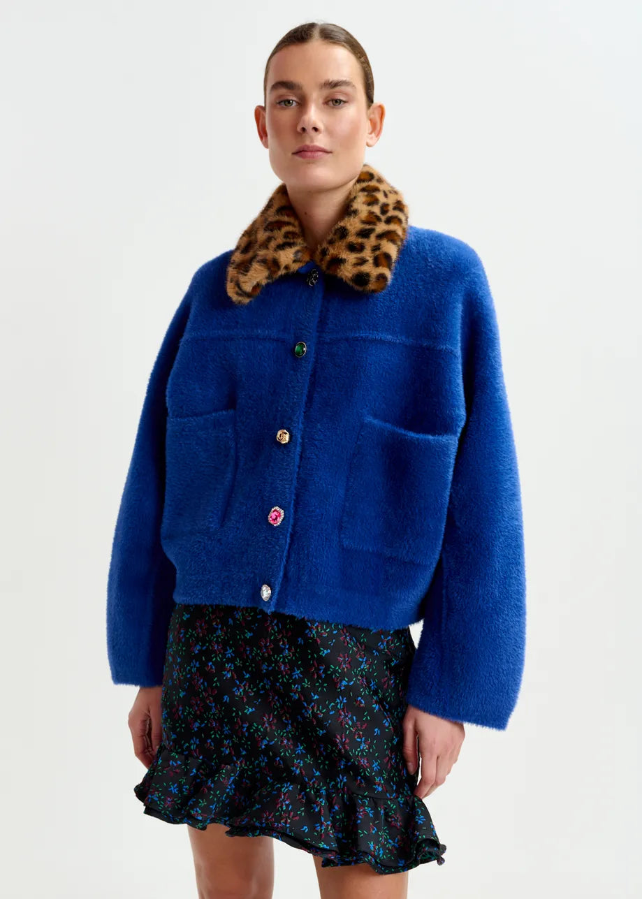 Essentiel Antwerp Blue cardigan with removable leopard faux fur collar