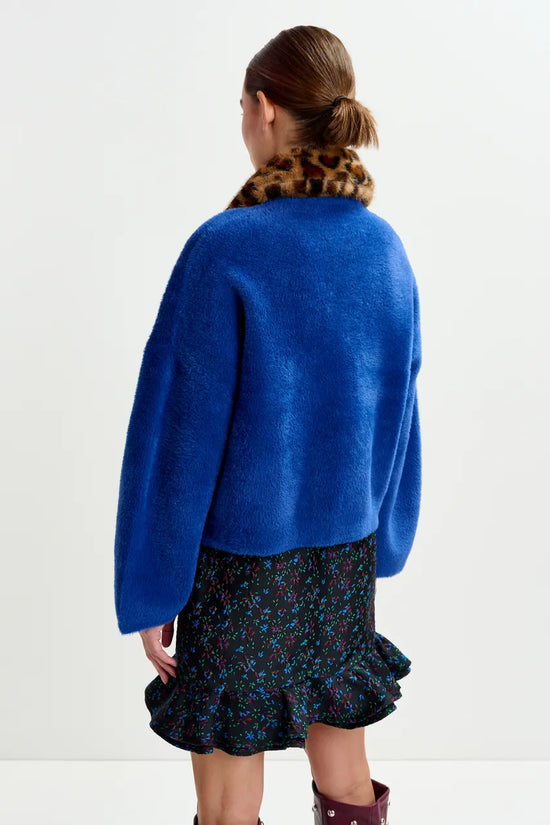 Essentiel Antwerp Blue cardigan with removable leopard faux fur collar