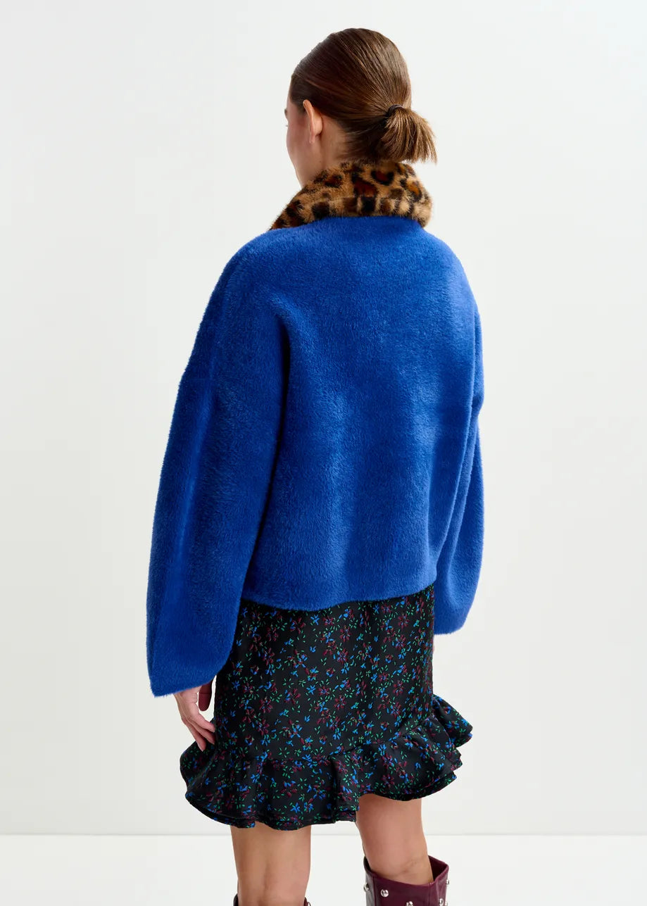 Essentiel Antwerp Blue cardigan with removable leopard faux fur collar