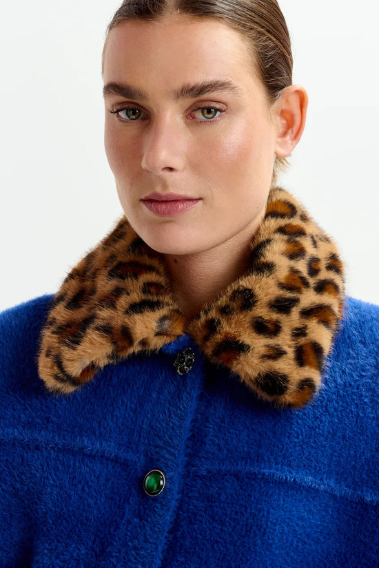Essentiel Antwerp Blue cardigan with removable leopard faux fur collar