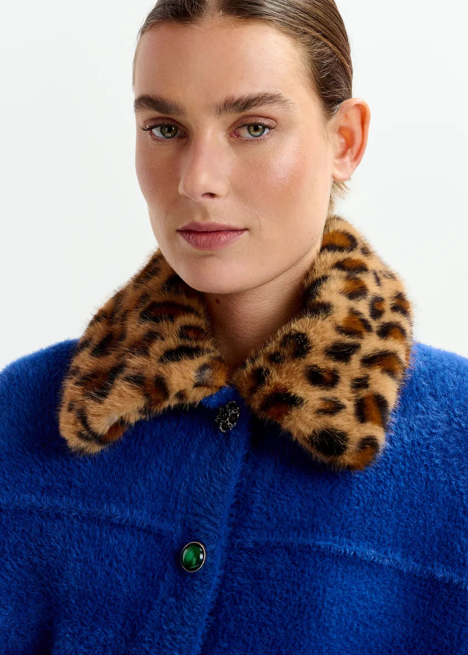 Essentiel Antwerp Blue cardigan with removable leopard faux fur collar