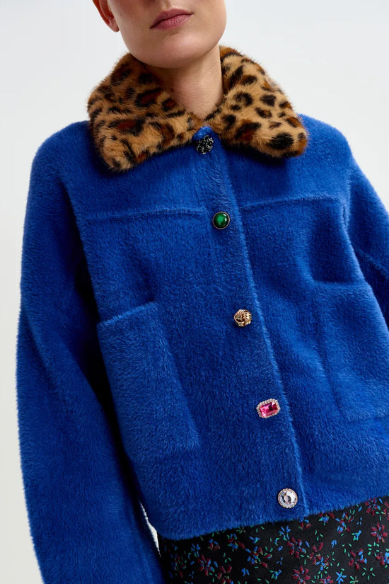 Essentiel Antwerp Blue cardigan with removable leopard faux fur collar