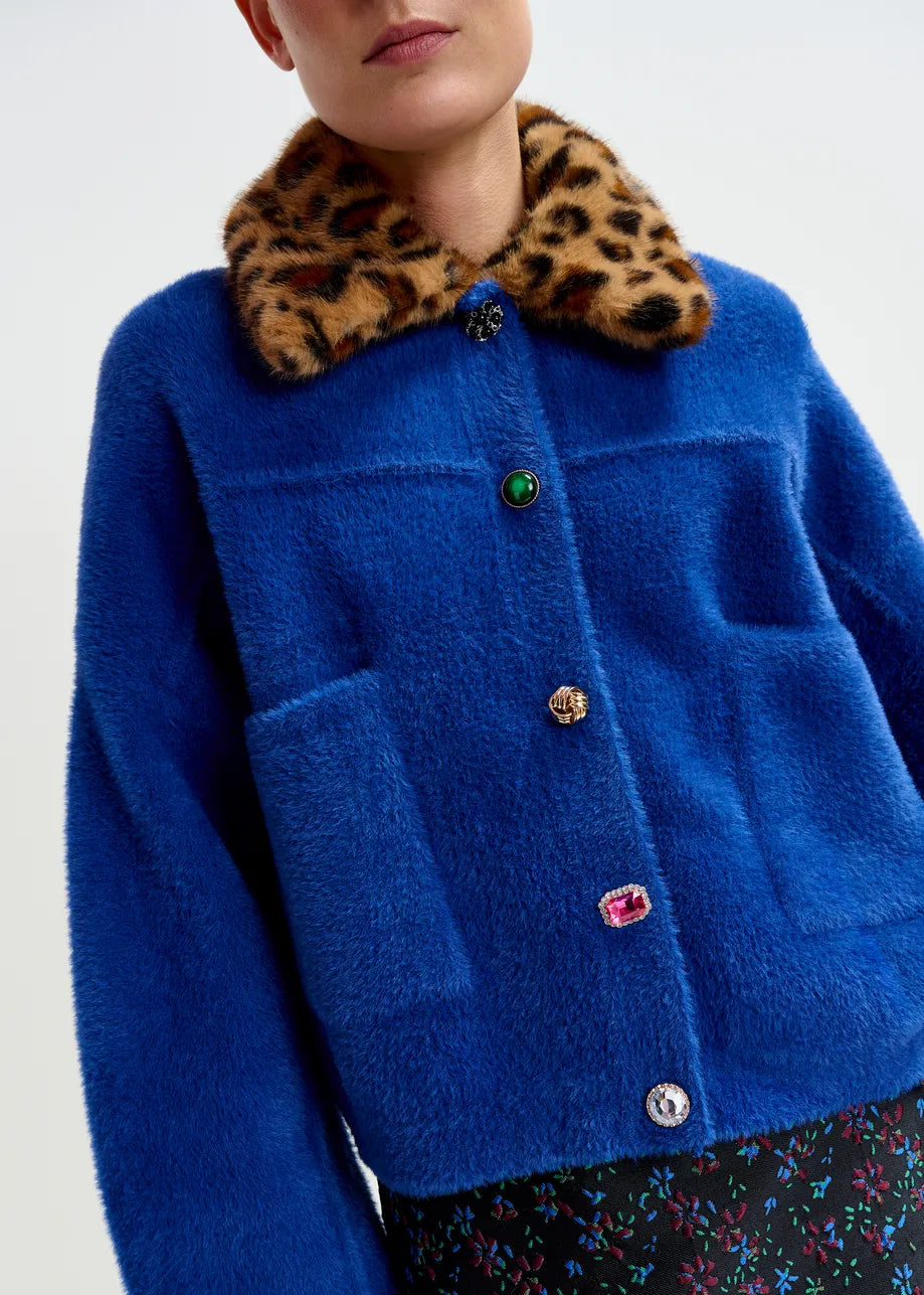 Essentiel Antwerp Blue cardigan with removable leopard faux fur collar