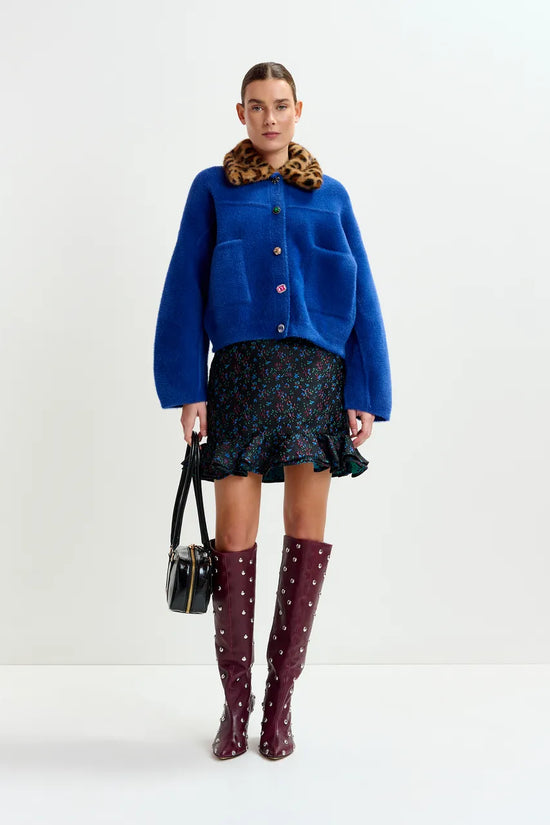 Essentiel Antwerp Blue cardigan with removable leopard faux fur collar