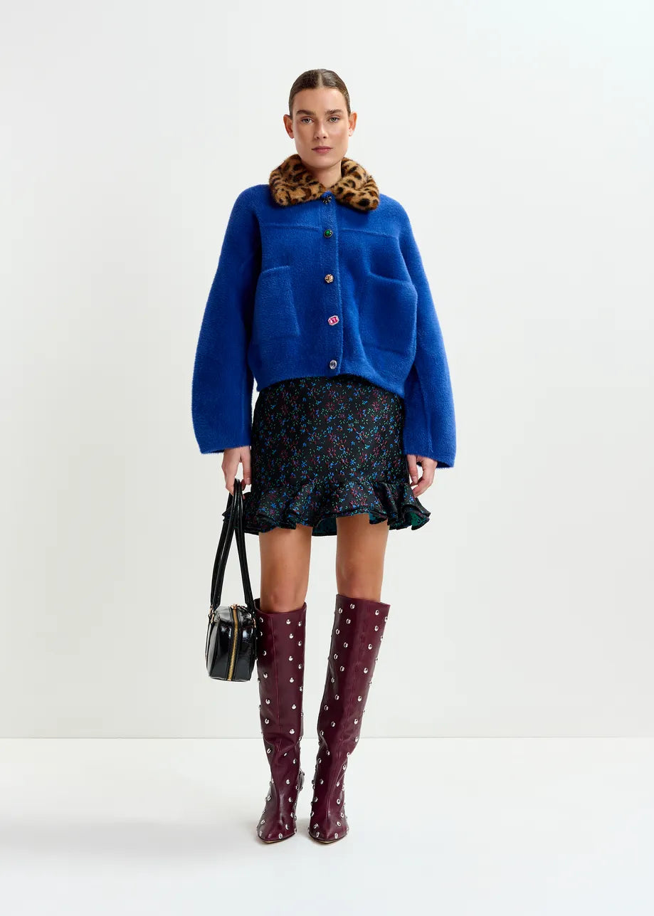 Essentiel Antwerp Blue cardigan with removable leopard faux fur collar