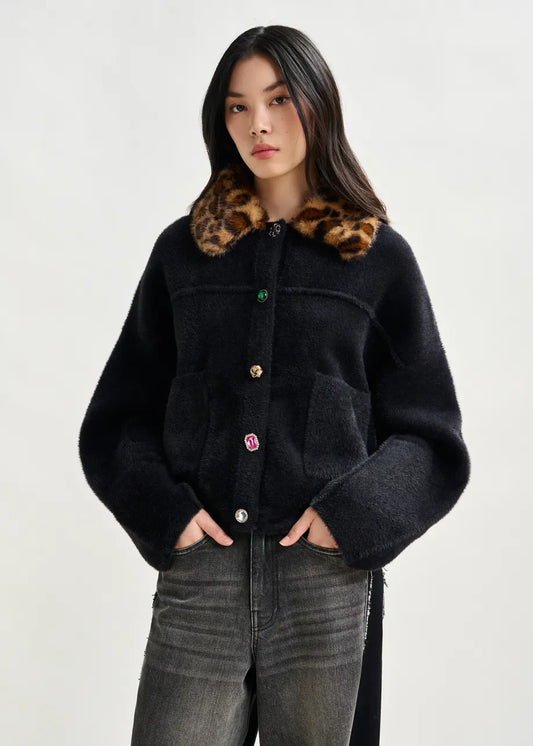 Essentiel Antwerp Black cardigan with removable leopard faux fur collar