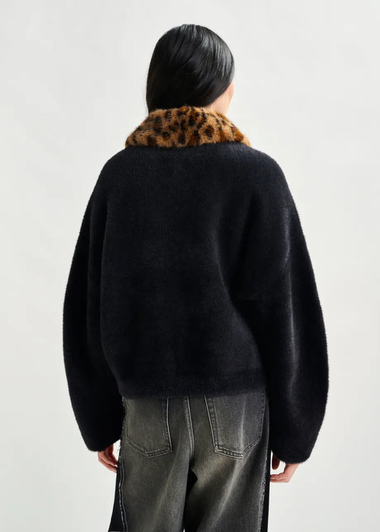 Essentiel Antwerp Black cardigan with removable leopard faux fur collar