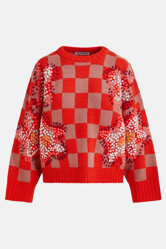 Essentiel Antwerp Red Checkerboard Floral Jacquard Knit Sweater Inter