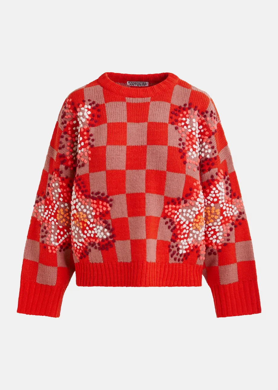 Essentiel Antwerp Red Checkerboard Floral Jacquard Knit Sweater Inter