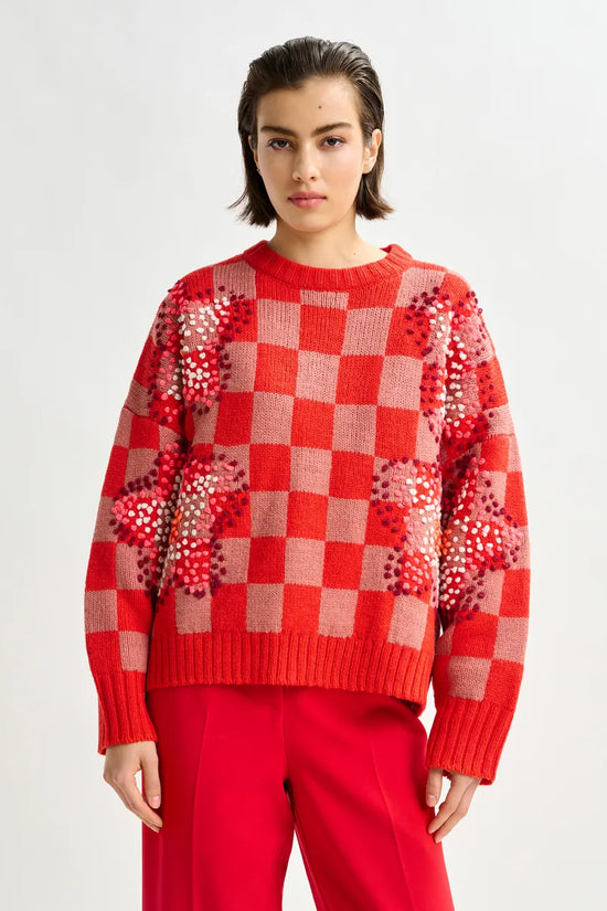 Essentiel Antwerp Red Checkerboard Floral Jacquard Knit Sweater Inter