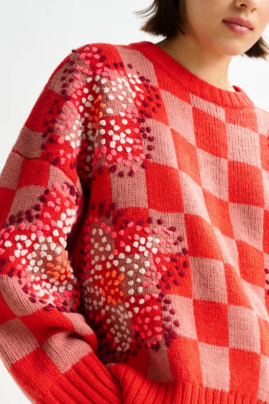 Essentiel Antwerp Red Checkerboard Floral Jacquard Knit Sweater Inter