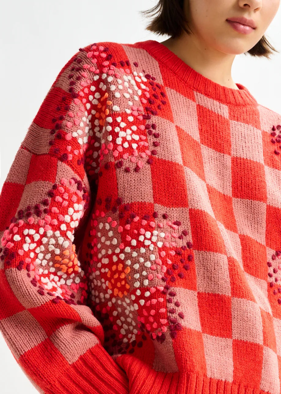 Essentiel Antwerp Red Checkerboard Floral Jacquard Knit Sweater Inter