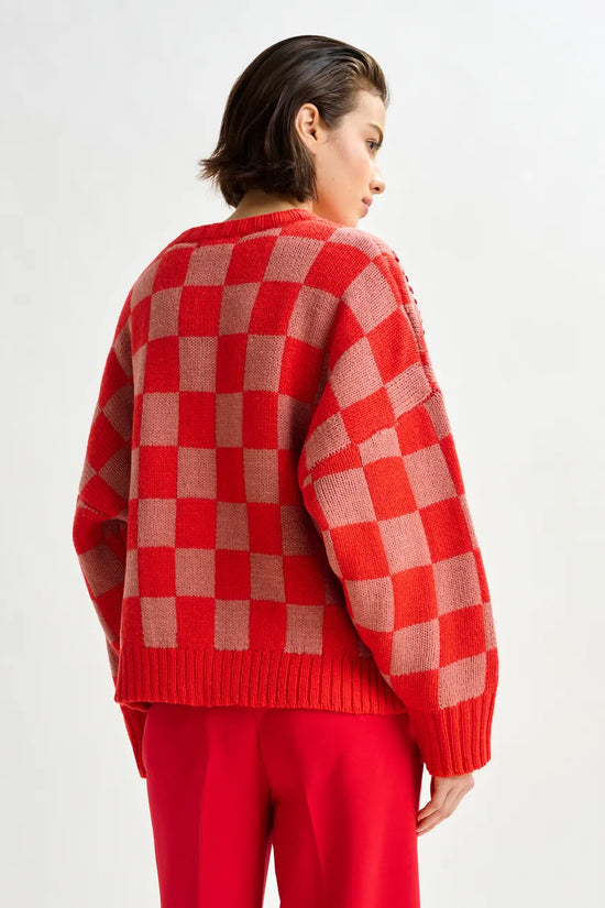 Essentiel Antwerp Red Checkerboard Floral Jacquard Knit Sweater Inter