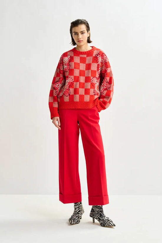 Essentiel Antwerp Red Checkerboard Floral Jacquard Knit Sweater Inter