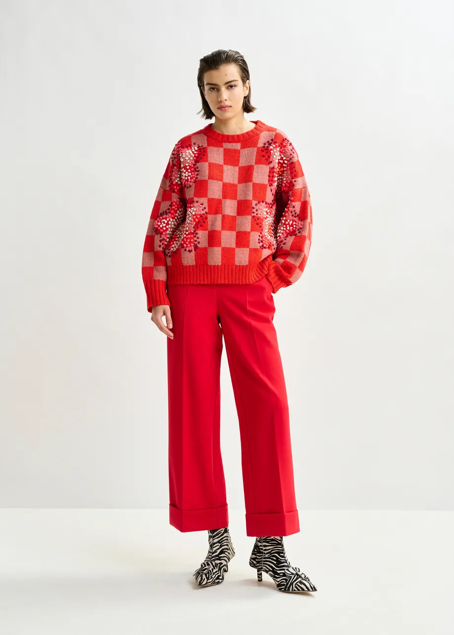 Essentiel Antwerp Red Checkerboard Floral Jacquard Knit Sweater Inter