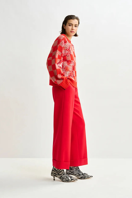 Essentiel Antwerp Red Checkerboard Floral Jacquard Knit Sweater Inter