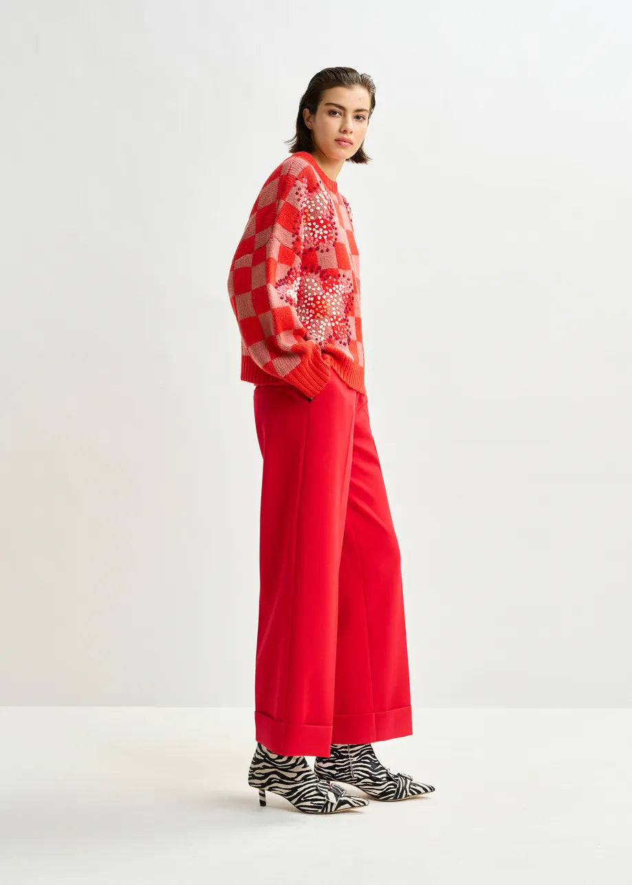 Essentiel Antwerp Red Checkerboard Floral Jacquard Knit Sweater Inter