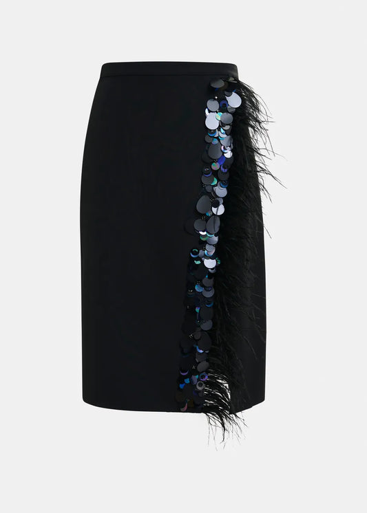 Essentiel Antwerp Black embellished feather-trimmed midi skirt Ivil
