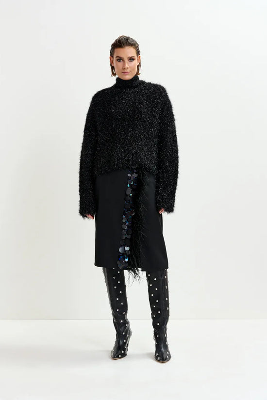 Essentiel Antwerp Black embellished feather-trimmed midi skirt Ivil