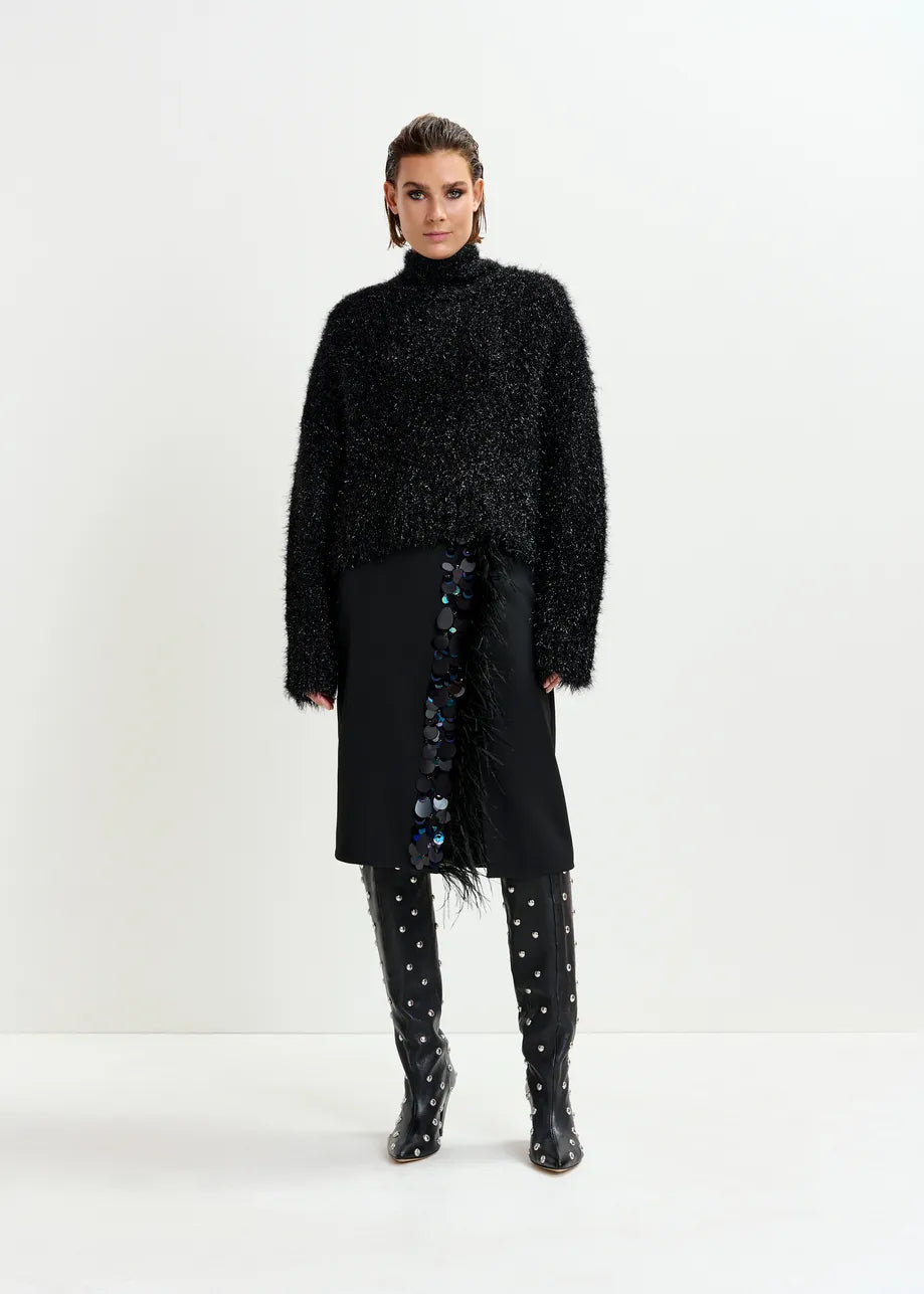 Essentiel Antwerp Black embellished feather-trimmed midi skirt Ivil