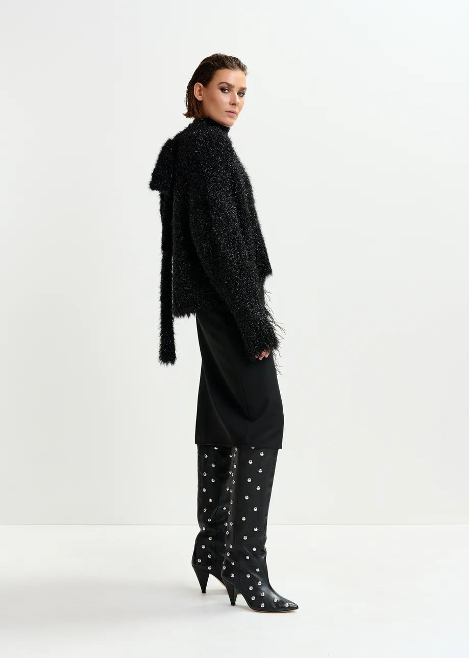Essentiel Antwerp Black embellished feather-trimmed midi skirt Ivil