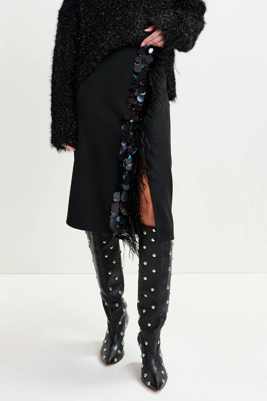 Essentiel Antwerp Black embellished feather-trimmed midi skirt Ivil