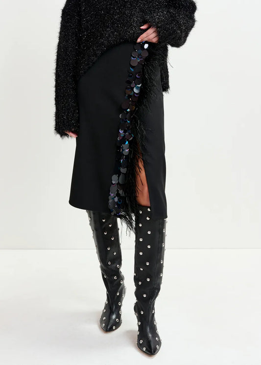 Essentiel Antwerp Black embellished feather-trimmed midi skirt Ivil