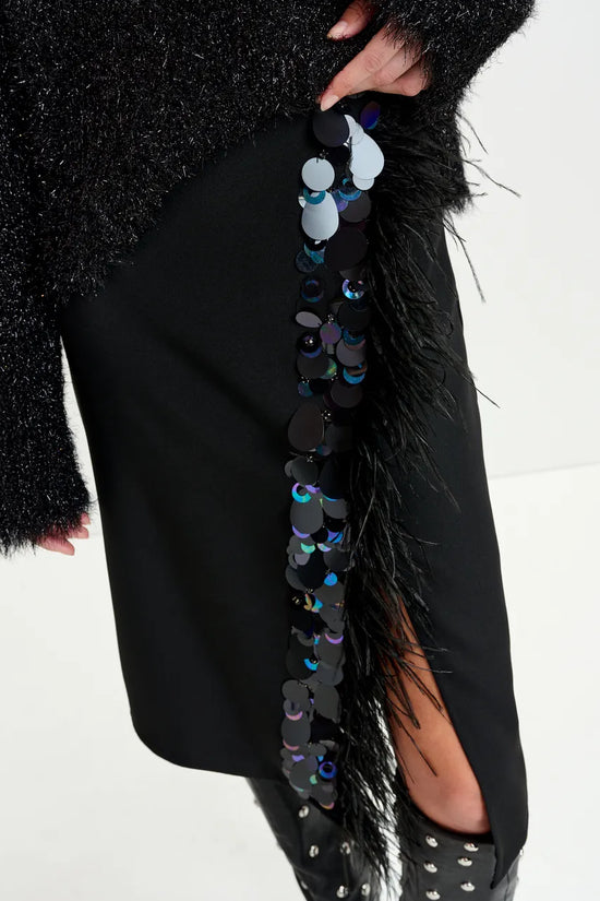 Essentiel Antwerp Black embellished feather-trimmed midi skirt Ivil