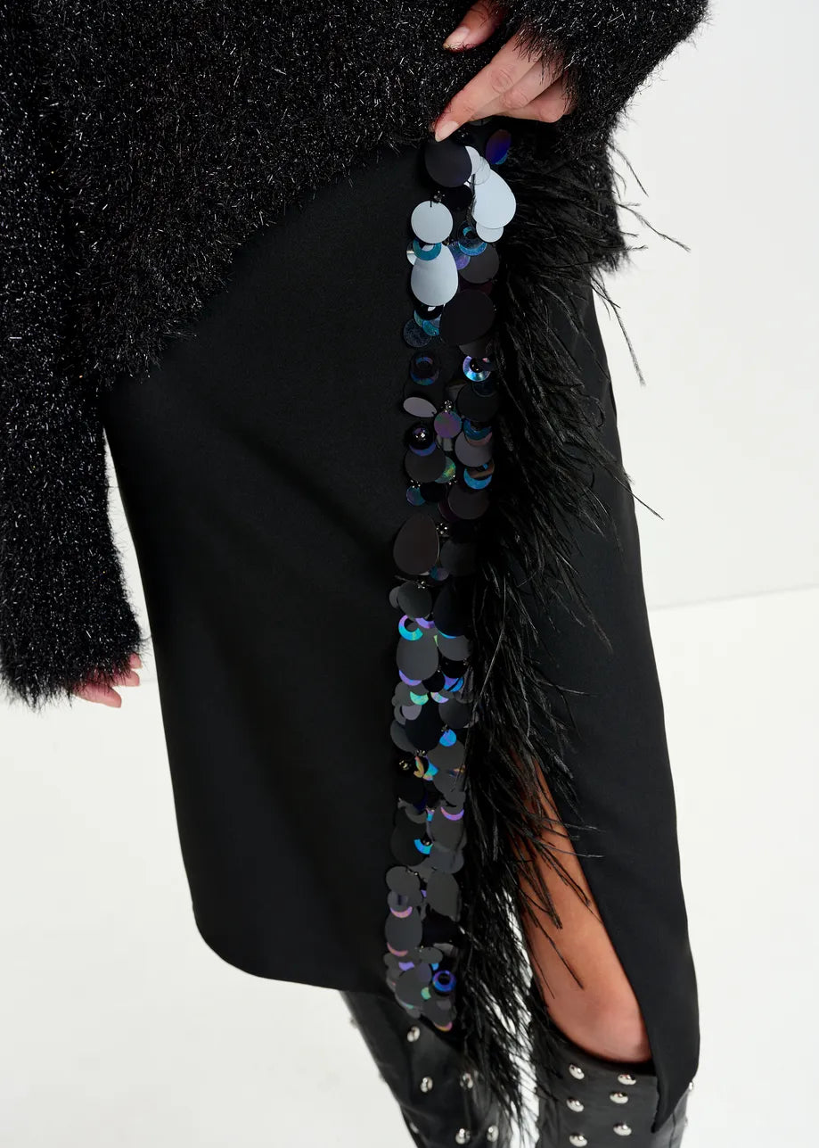 Essentiel Antwerp Black embellished feather-trimmed midi skirt Ivil