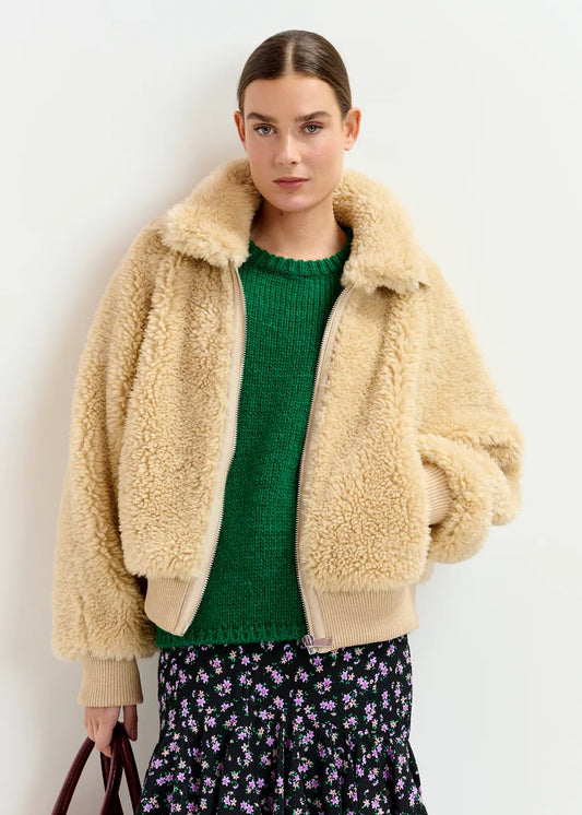 Essentiel Antwerp Beige oversized faux shearling bomber jacket Iwill