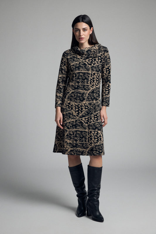 Tinta & Bariloche Black Patterned Dress Straight Fit Roll Neck Gold Buckle Detail