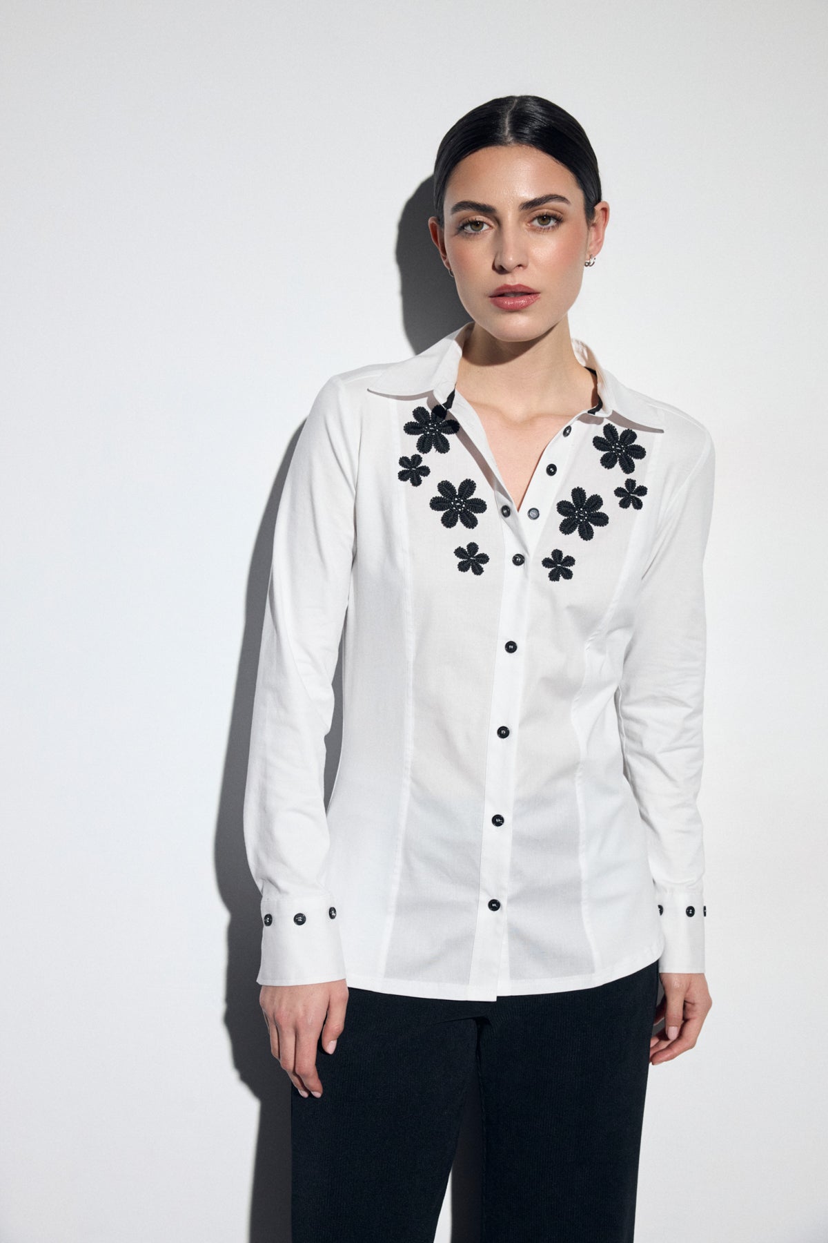 Tinta & Bariloche White Blouse with Black Embroidered Floral Embellishment