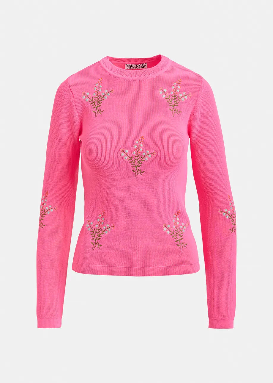 Essentiel Antwerp Bright Pink Knitted Sweater with Floral Embroideries