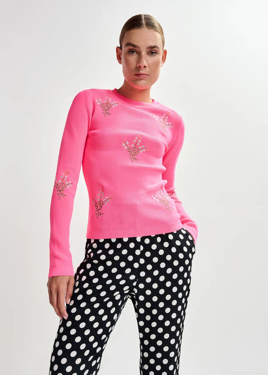 Essentiel Antwerp Bright Pink Knitted Sweater with Floral Embroideries JARDENS
