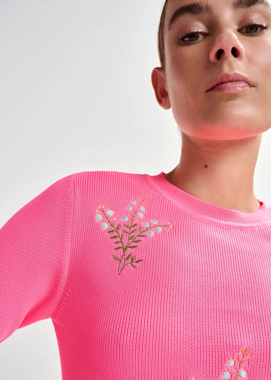 Essentiel Antwerp Bright Pink Knitted Sweater with Floral Embroideries