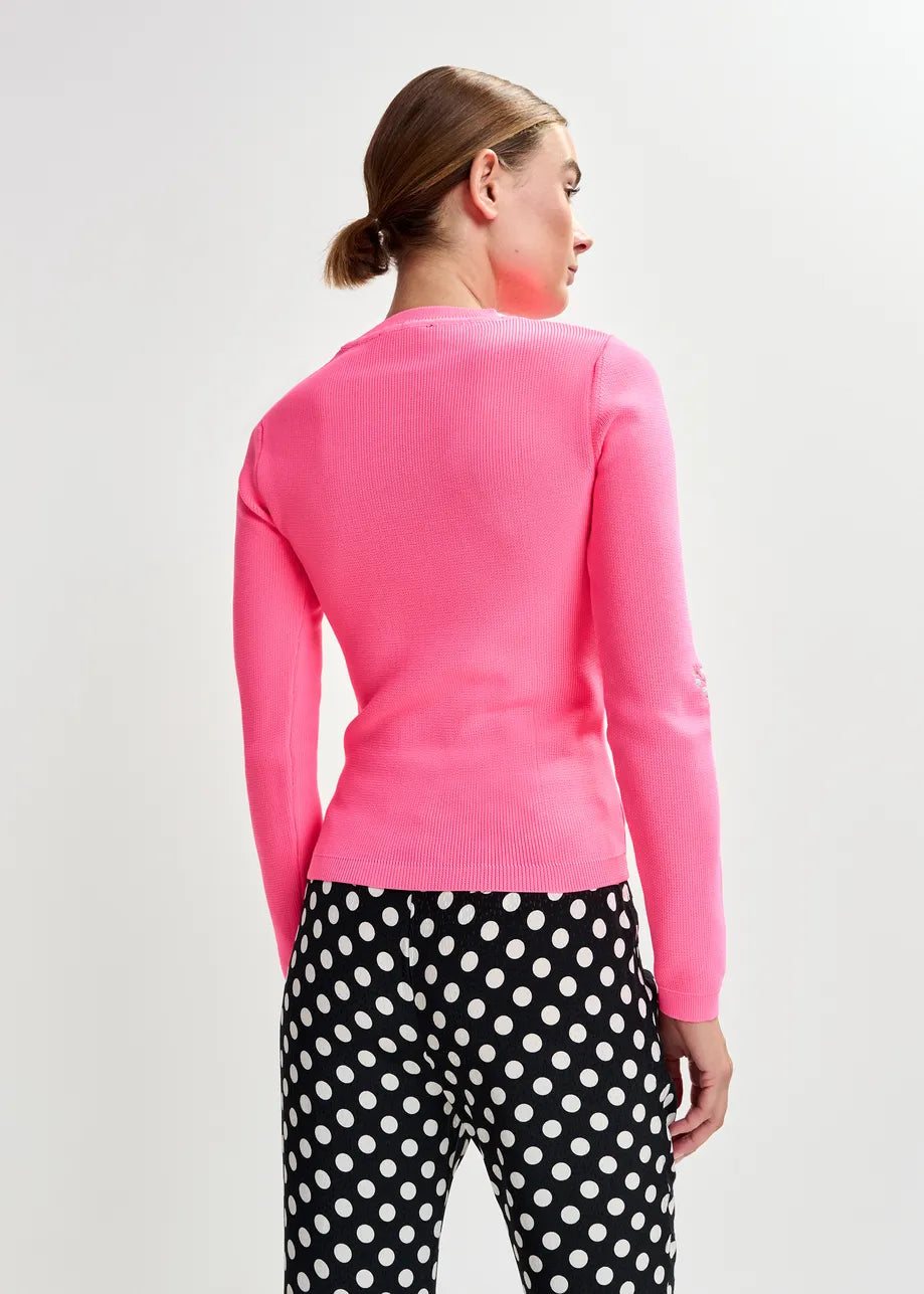 Essentiel Antwerp Bright Pink Knitted Sweater with Floral Embroideries