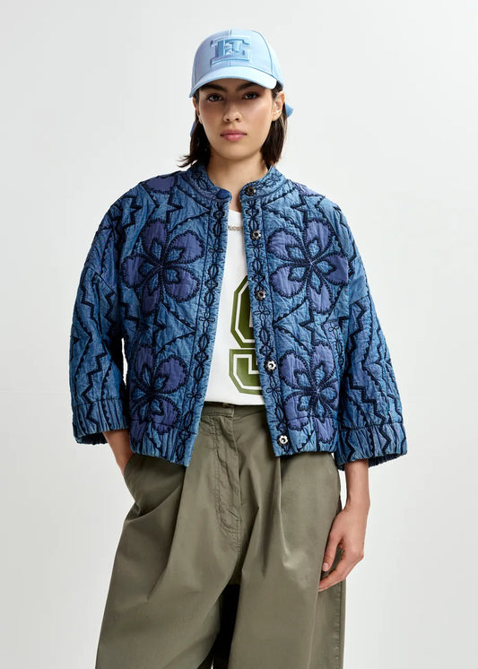 Essentiel Antwerp Blue Quilted Embroidered Cropped Denim Jacket JATROPHA