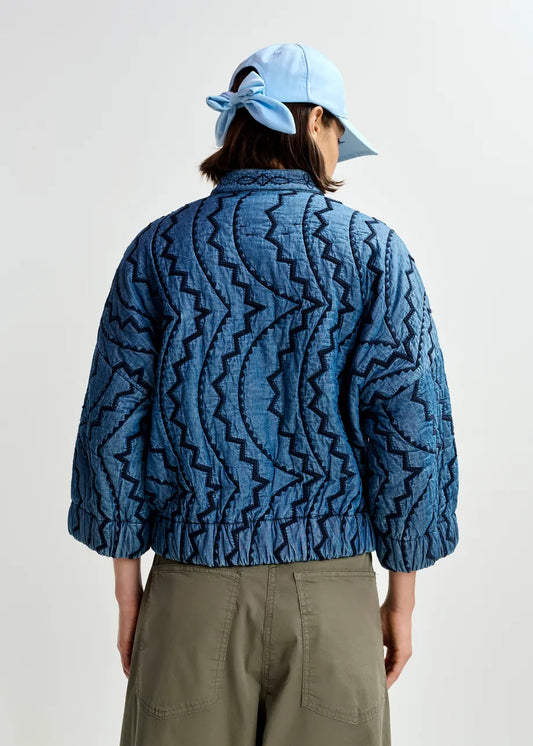 Essentiel Antwerp Blue Quilted Embroidered Cropped Denim Jacket JATROPHA